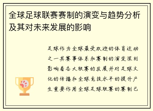 全球足球联赛赛制的演变与趋势分析及其对未来发展的影响