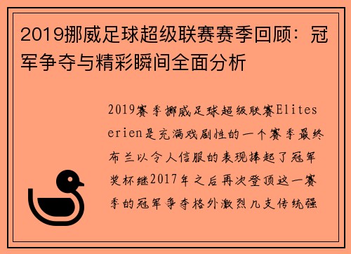 2019挪威足球超级联赛赛季回顾：冠军争夺与精彩瞬间全面分析