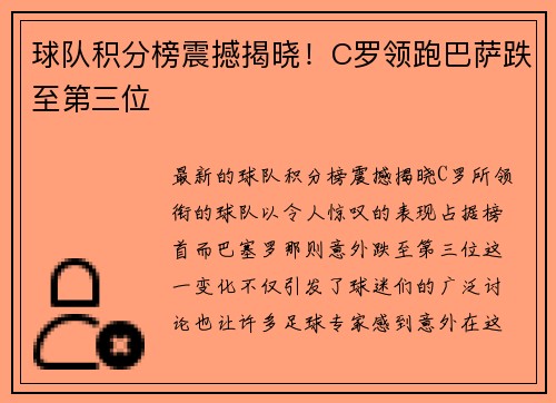 球队积分榜震撼揭晓！C罗领跑巴萨跌至第三位